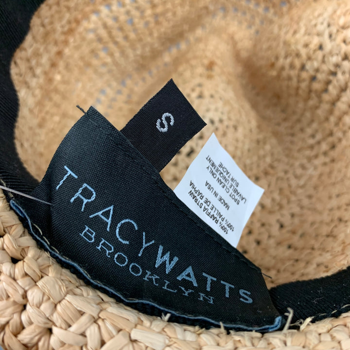 TRACY WATTS Natural & Black Woven Raffia Fedora Hat