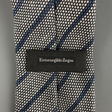 ERMENEGILDO ZEGNA Grey Navy Stripe Silk Tie