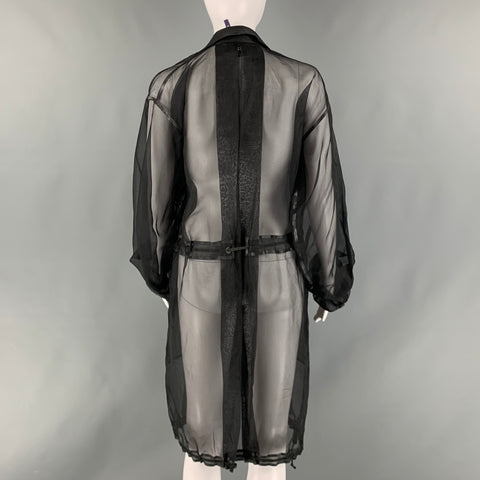 RALPH LAUREN Size S Black Silk See Through Leather Trim Drawstring Coat