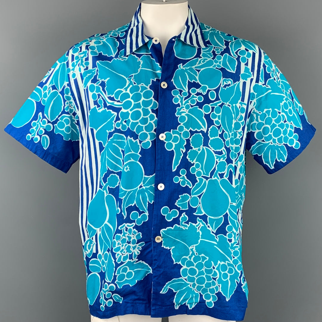 PAUL SMITH Size L Blue & Aqua Print Cotton Camp Short Sleeve Shirt