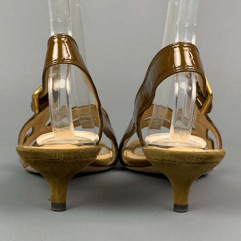YVES SAINT LAURENT Size 9 Brown Suede Patent Leather Kitten Heel Sandals