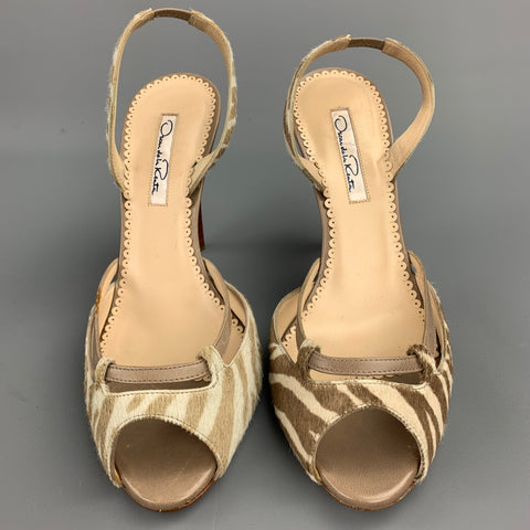 OSCAR DE LA RENTA 8.5 Zapatos de salón con tirantes en la espalda, color blanco roto y gris pardo, cebra, tigre, pelo de poni