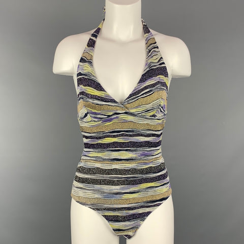 MISSONI Mare Size 6 Purple & Gold Knitted Stripe Cotton Blend One Piece Swimsuit