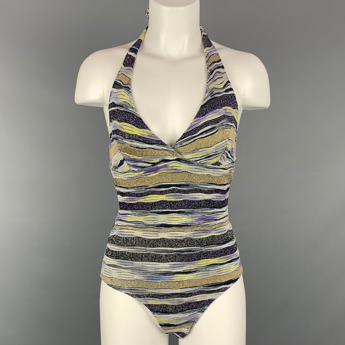 MISSONI Mare Size 6 Purple & Gold Knitted Stripe Cotton Blend One Piece Swimsuit