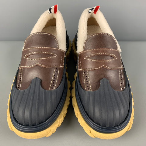 THOM BROWNE Size 7.5 Navy Cream Brown Leather Shearling Loafer Duck Shoe