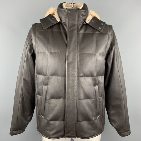 LORO PIANA Size L Brown Quilted Leather Zip Off Sleeve Fox Fur Hood Jacket