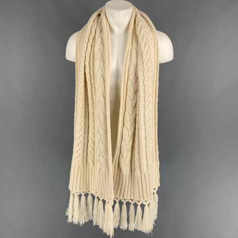 BURBERRY Cream Cable Knit Wool Cashmere Tassel Fringe Scarf