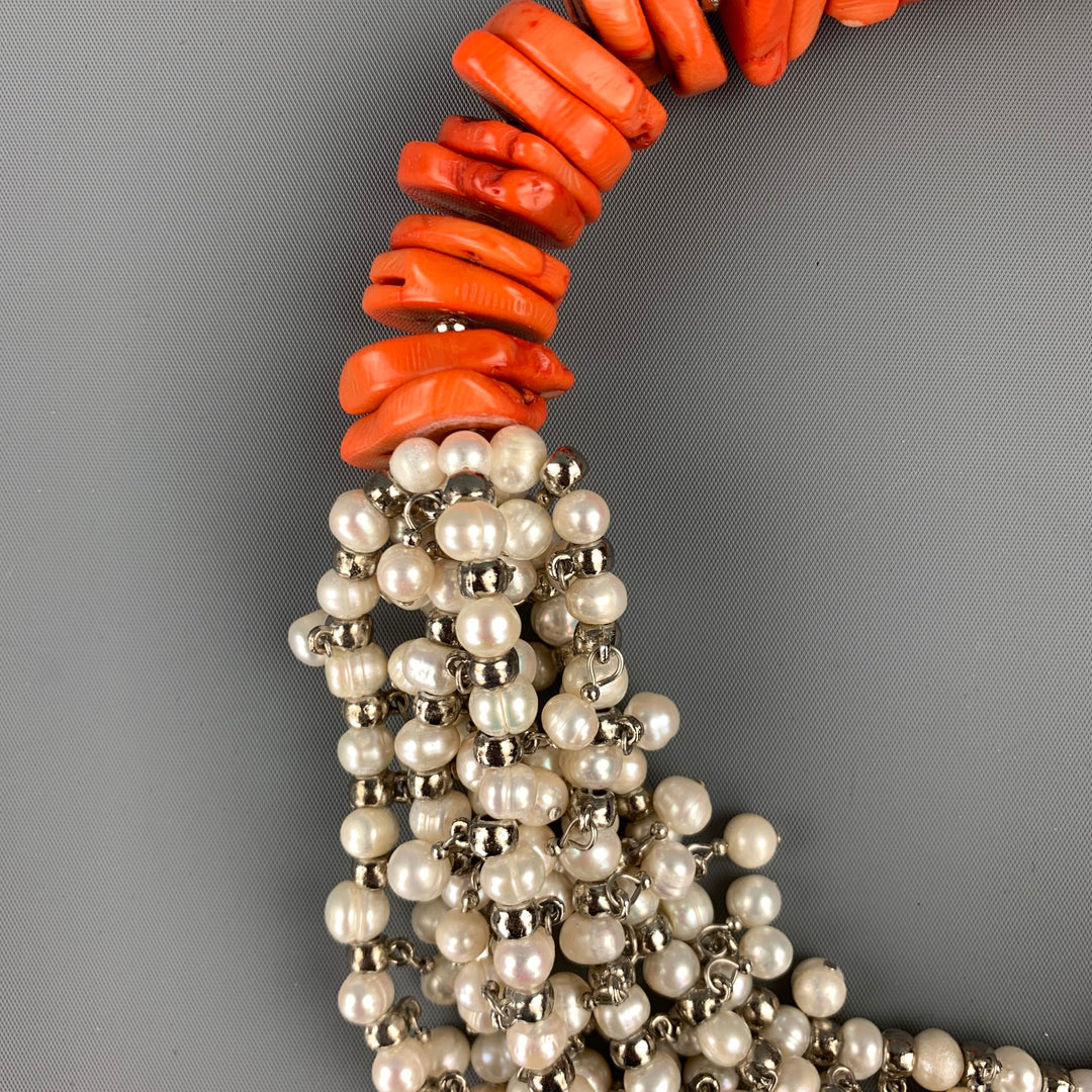 VINTAGE Orange Coral Faux Pearl Layered Necklace