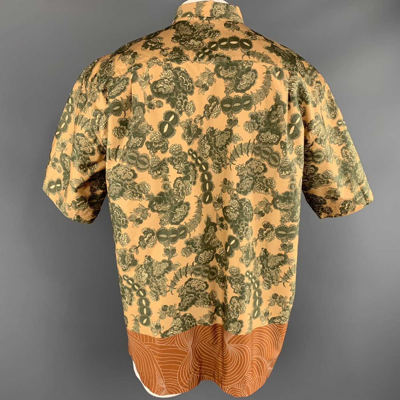 DRIES VAN NOTEN Size XL Gold & Green Floral Cotton Bronze Hem Short Sleeve Shirt
