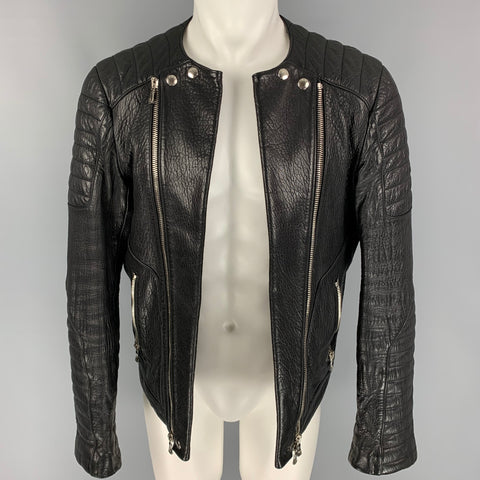 BALMAIN Size 42 Black Textured Leather Double Zipper Open Front Motorcycle Jacket
