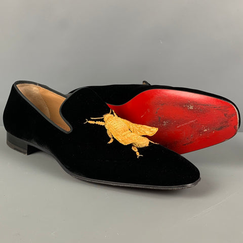 CHRISTIAN LOUBOUTIN Size 10 Black Gold Applique Velvet Slip On DandyBee Loafers