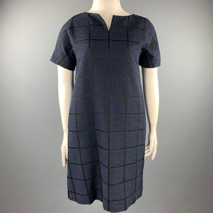 NOOY Talla L Vestido recto de mezcla de algodón con paneles texturizados en negro y azul marino