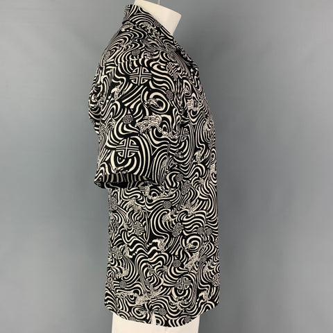 SHANGHAI TANG Size M Black White Abstract Silk Camp Short Sleeve Shirt
