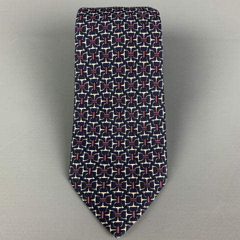 HERMES 7058 TA Navy Red White Equestrian Silk Tie