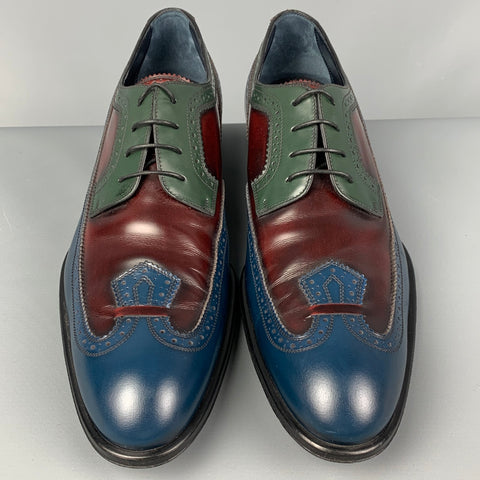 LOUIS VUITTON Size 11.5 Blue Burgundy Color Block Leather Lace Up Shoes