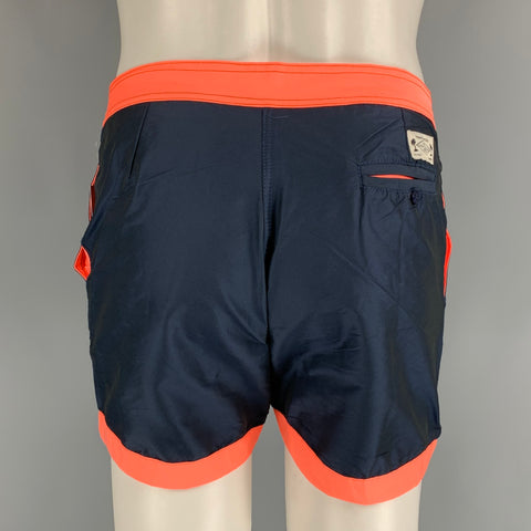 CUISSE DE GRENOUILLE Size S Navy & Neon Orange Two Toned Polyester Swim Trunks
