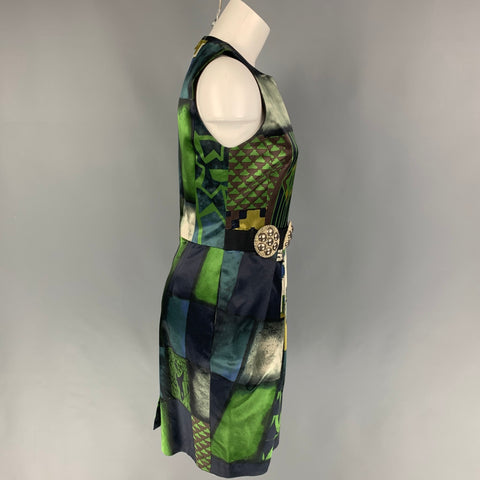 ETRO Taille 6 Robe sans manches abstraite en coton viscose vert noir