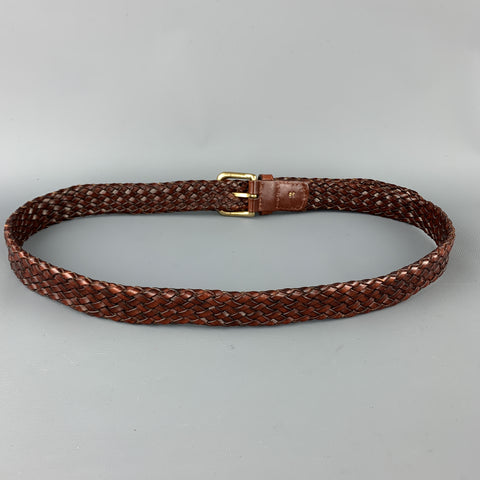 VINTAGE Size 36 Woven Brown Leather Gold Tone Brass Buckle Belt