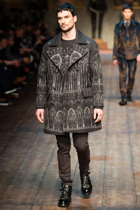 DOLCE & GABBANA Fall 2014 Norman Kings Size 38 Black Wool Silk Catheral Print Parka Heavy Coat