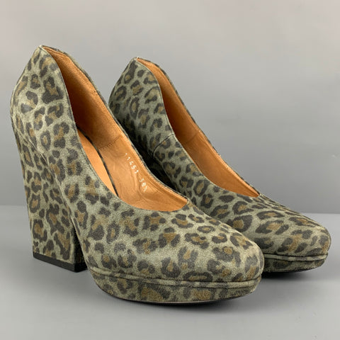 DRIES VAN NOTEN Size 8.5 Moss Brown Suede Animal Print Platform Pumps