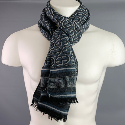 EMPORIO ARMANI Grey Navy Logo Viscose Blend Scarf