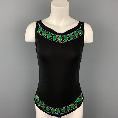 ANNA SUI Size 6 Black Beaded Rayon Tank Dress Top