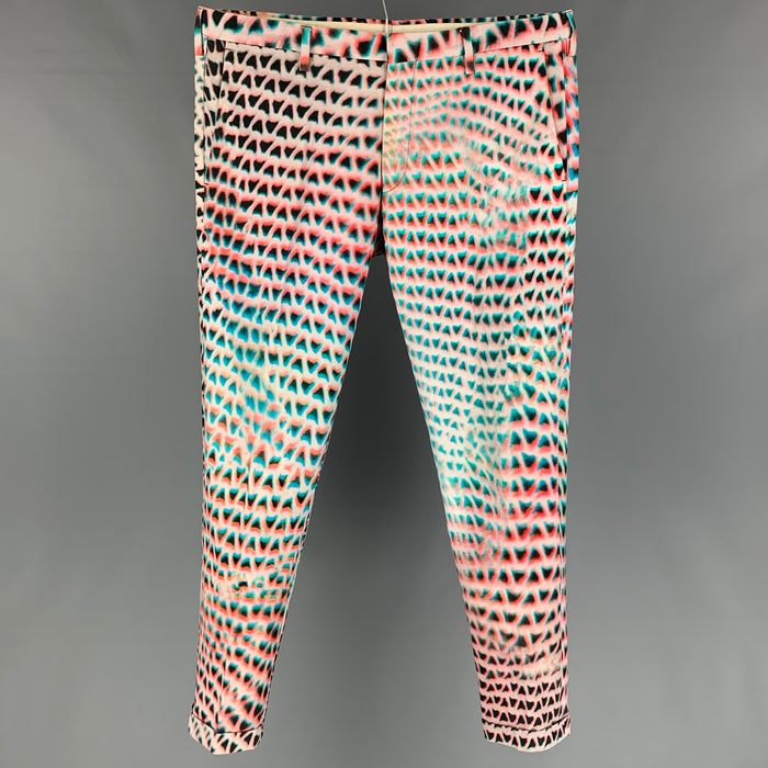 PAUL SMITH Talla 32 Pantalones de vestir con bragueta y cremallera de algodón con estampado rosa y aguamarina