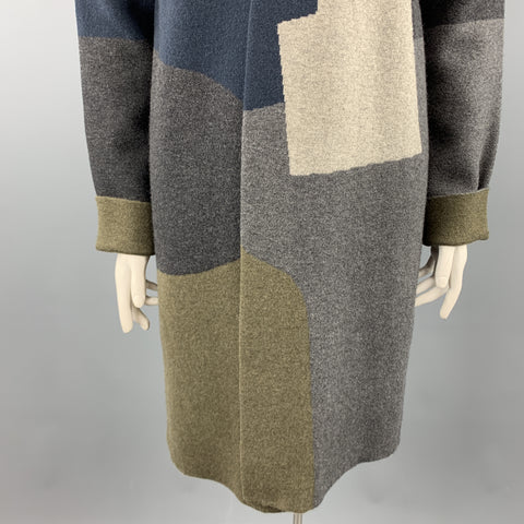 JIL SANDER Size 12 Grey Navy & Olive Green Color Block Cashmere Coat