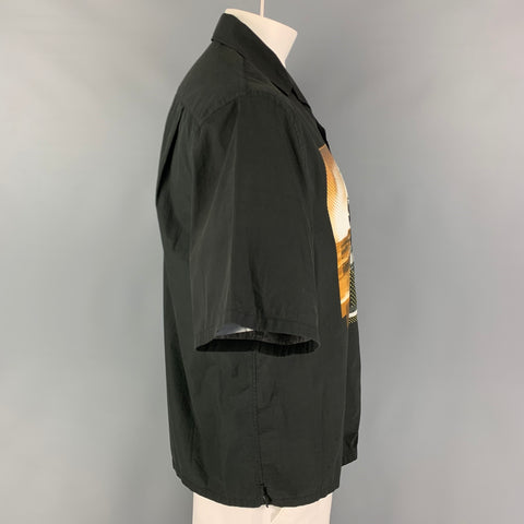 PRADA Size L Black Print Cotton Camp Short Sleeve Shirt