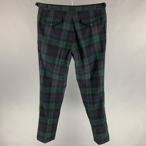 RALPH LAUREN PURPLE LABEL Size 34 Black & Green Navy Blackwatch Plaid Virgin Wool Dress Pants