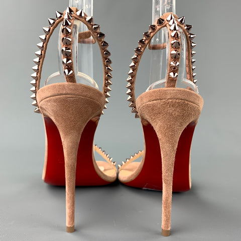 CHRISTIAN LOUBOUTIN So Me Spike Size 8 Suede Taupe Ankle Strap Sandals