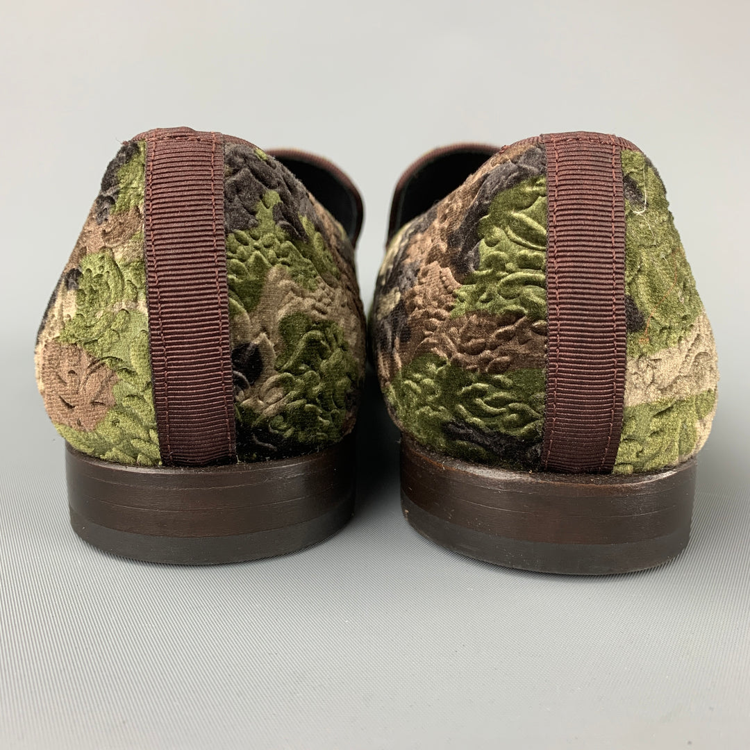 MEZLAN Size 8 Olive & Brown Brocade Velvet Slip On Loafers