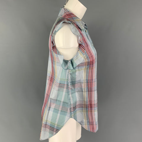 STELLA McCARTNEY Size M Blue Multi-Color Silk Plaid Ruffle Casual Top