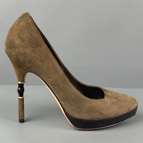 GUCCI Talla 5.5 Zapatos de tacón de bambú de ante marrón oliva