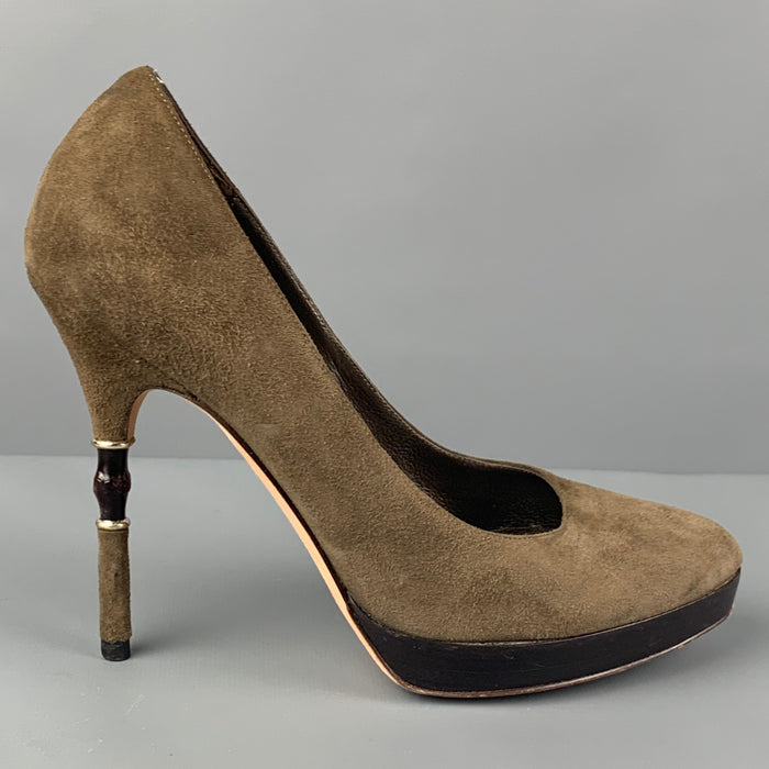 GUCCI Size 5.5 Olive Brown Suede Bamboo Heel Pumps