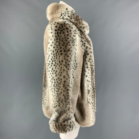 DENNIS BASSO Size L Cream Brown Polyester Animal Print Faux Fur Zip Up Coat
