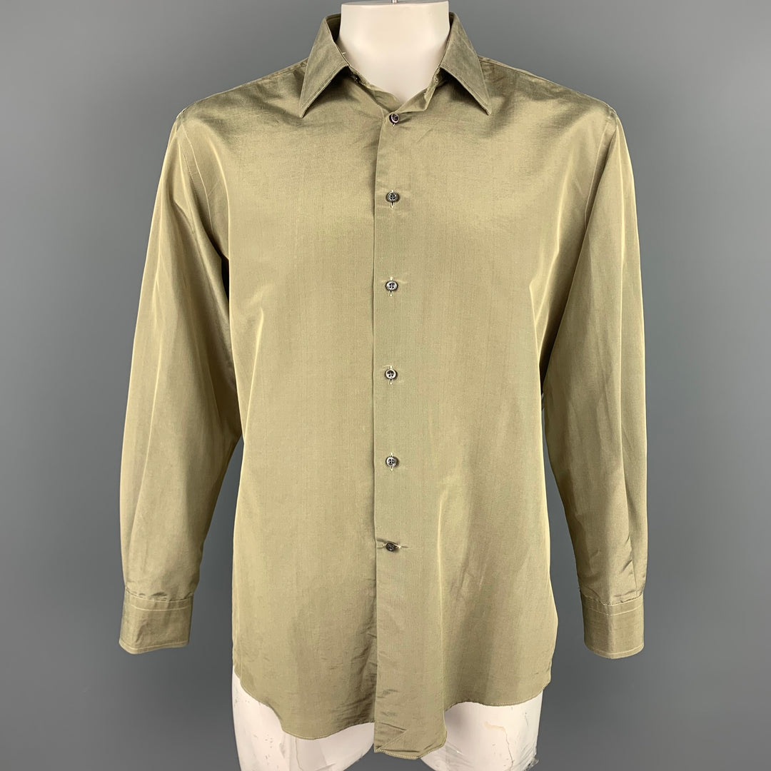 LOEWE Size L Olive Shimmery Silk / Polyester Button Up Long Sleeve Shirt