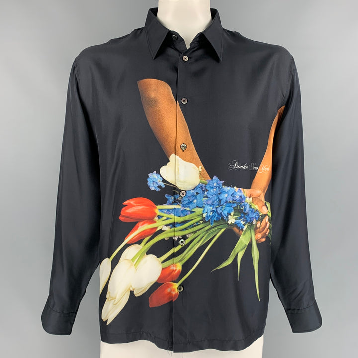 AWAKE Size XL Black Print Silk Button Up Long Sleeve Shirt
