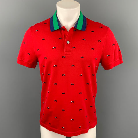 GUCCI Size M Red & Navy Embroidery Pique Buttoned Polo