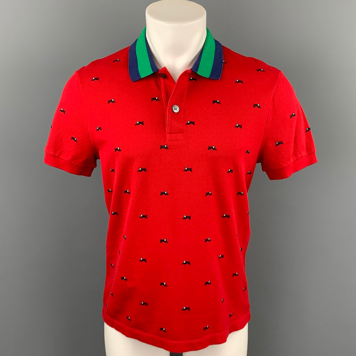 GUCCI Size M Red & Navy Embroidery Pique Buttoned Polo