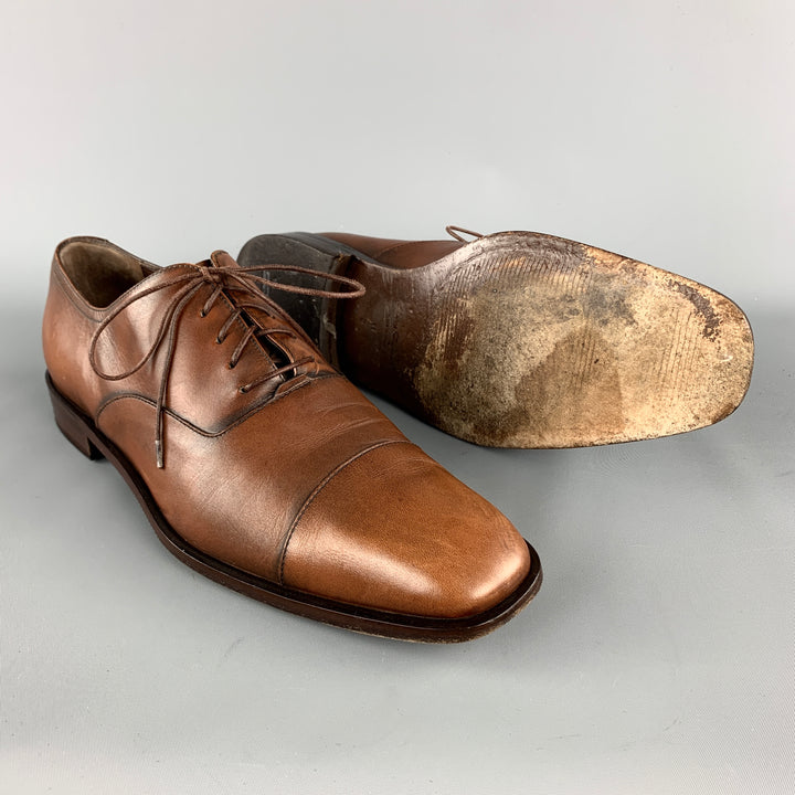 SALVATORE FERRAGAMO Size 11 Tan Antique Leather Cap Toe Lace Up Shoes