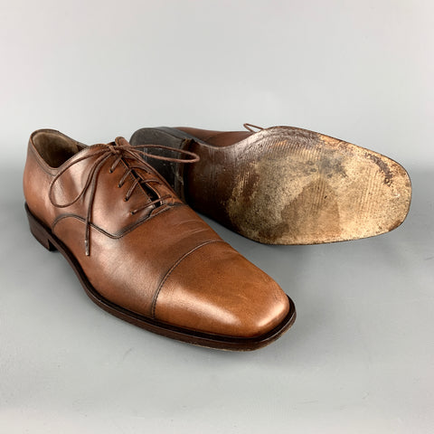 SALVATORE FERRAGAMO Size 11 Tan Antique Leather Cap Toe Lace Up Shoes