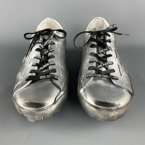 GOLDEN GOOSE SUPERSTAR RAY Size 10 Silver Metallic Leather Star Patch Lace Up Sneakers
