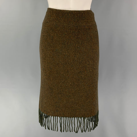 RALPH LAUREN Size 6 Olive Merino Wool Cashmere Heather Fringed Skirt