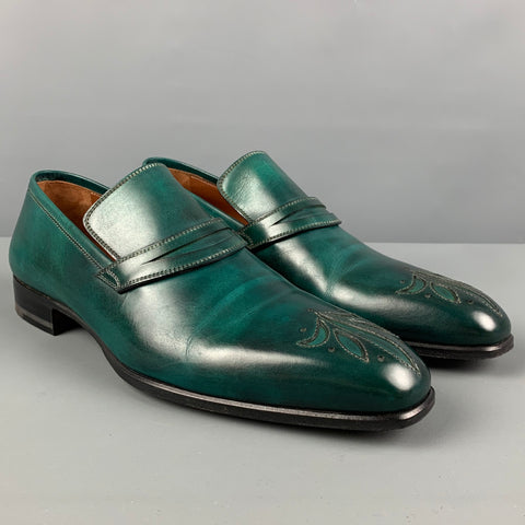 A. TESTONI Size 8.5 Green Antique Leather Slip On Loafers