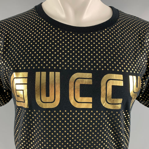 GUCCI Size XS Black Gold Stars Cotton Crew-Neck T-shirt