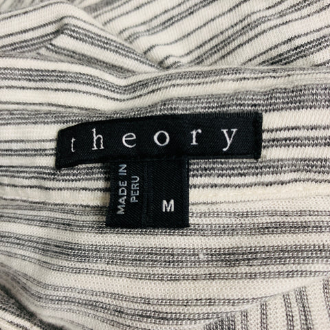 THEORY Size M White Grey Stripe Viscose Blend Short Sleeve Polo