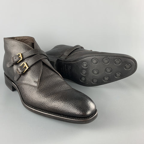 TOM FORD Taille 10,5 Bottines à double sangle en cuir grainé marron foncé