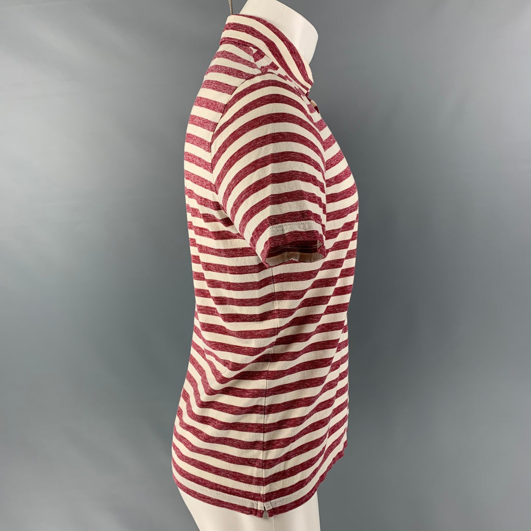 BRUNELLO CUCINELLI Size M Red White Striped Trim Cotton Linen Buttoned Polo