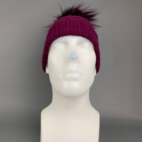 AMICALE Purple Knitted Cashmere Fox Fur Pom Pom Beanie